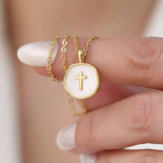 Cross Necklace - Pendant for Women Gold Enamel Irregular Shape Hypoallergenic Stainless - main product view