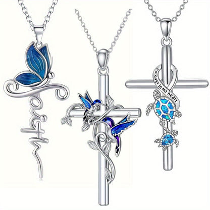 Cross Necklace - Pendant Set 3pcs Animal Charm Hummingbird Butterfly Turtle , Elegant - product detail view 3
