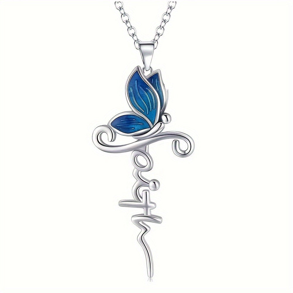 Cross Necklace - Pendant Set 3pcs Animal Charm Hummingbird Butterfly Turtle , Elegant - product detail view 6