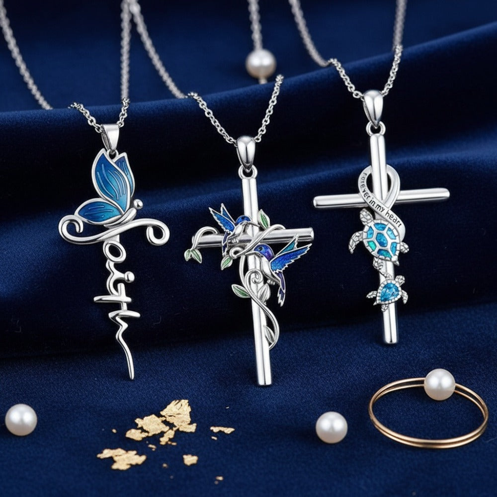 Cross Necklace - Pendant Set 3pcs Animal Charm Hummingbird Butterfly Turtle , Elegant - product detail view 7