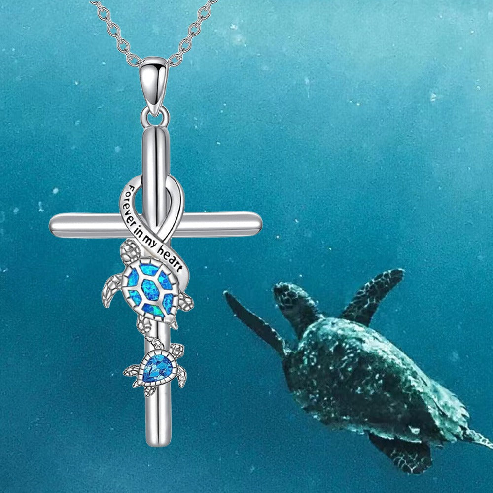 Cross Necklace - Pendant Set 3pcs Animal Charm Hummingbird Butterfly Turtle , Elegant - product detail view 10