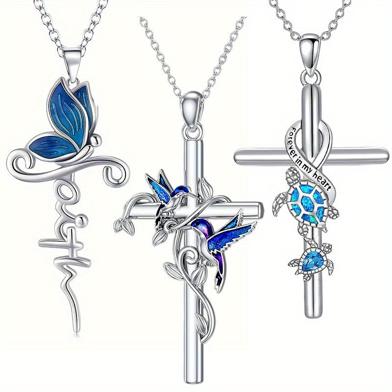 Cross Necklace - Pendant Set 3pcs Animal Charm Hummingbird Butterfly Turtle , Elegant - product detail view 13