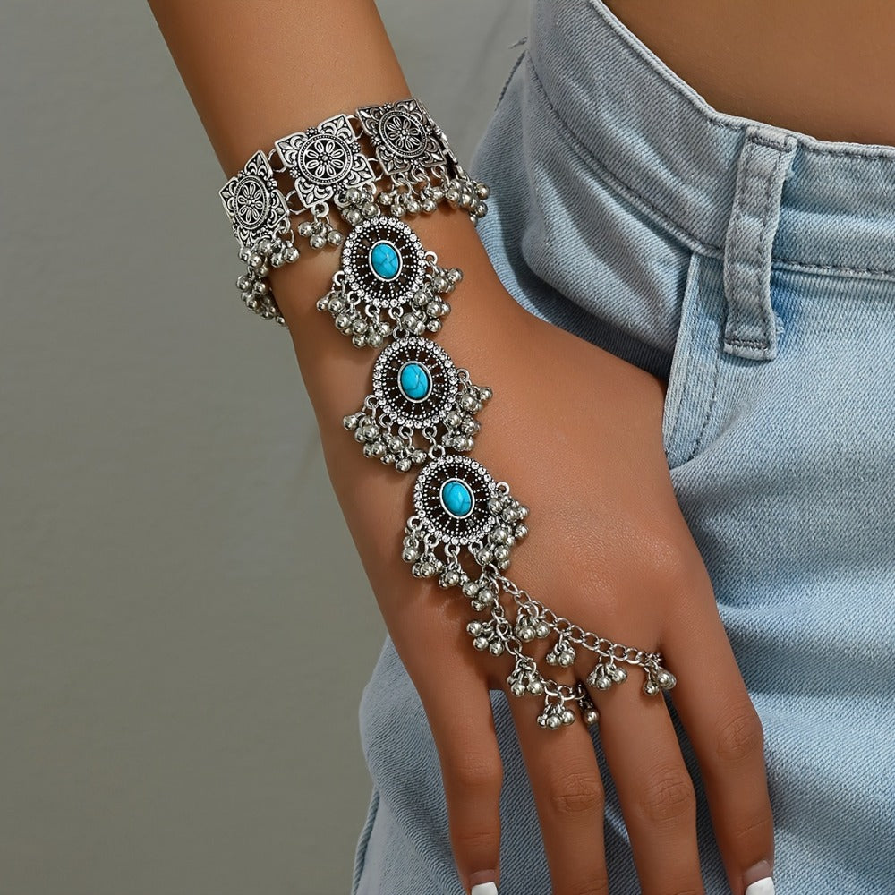 Cuff Bracelet - Turquoise Boho Mitten Vintage Bollywood-Inspired Stone Bangle, Ethnic - product detail view 3