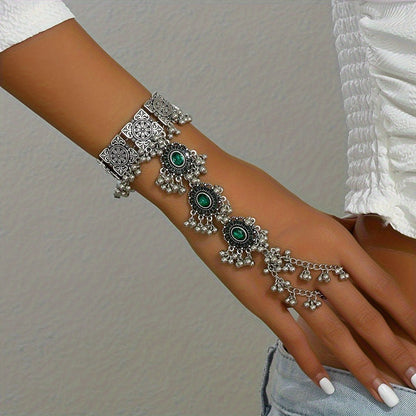 Cuff Bracelet - Turquoise Boho Mitten Vintage Bollywood-Inspired Stone Bangle, Ethnic - product detail view 5