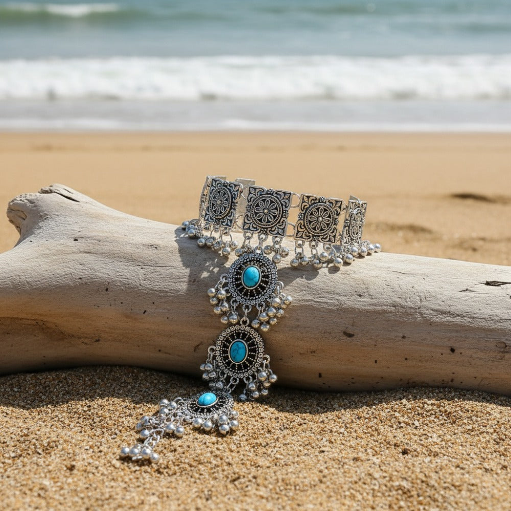 Cuff Bracelet - Turquoise Boho Mitten Vintage Bollywood-Inspired Stone Bangle, Ethnic - product detail view 8