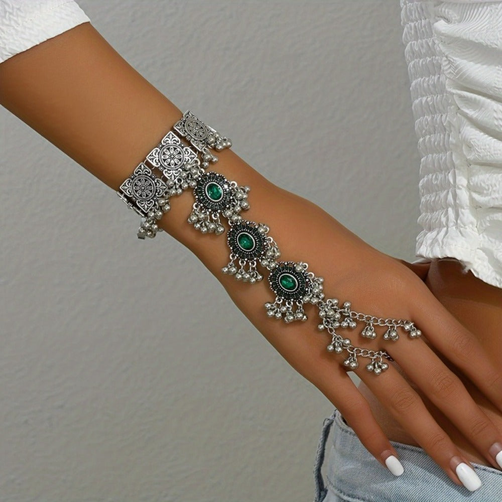 Cuff Bracelet - Turquoise Boho Mitten Vintage Bollywood-Inspired Stone Bangle, Ethnic - product detail view 9
