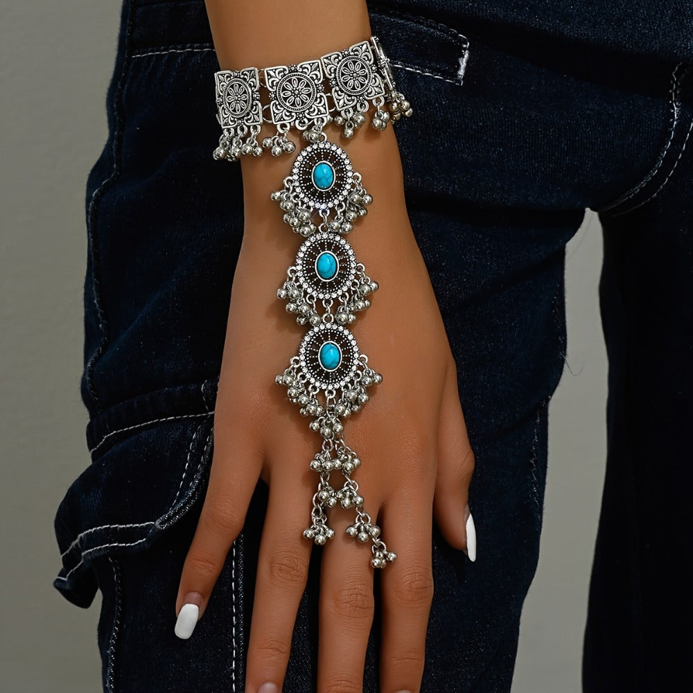 Cuff Bracelet - Turquoise Boho Mitten Vintage Bollywood-Inspired Stone Bangle, Ethnic - product detail view 11