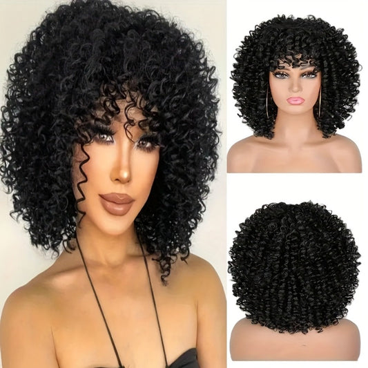 Curly Wig - Afro Kinky for Women - 14" Coily Synthetic with Bangs | Heat Resistant - main product view