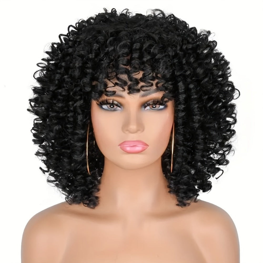 Curly Wig - Afro Kinky for Women - 14" Coily Synthetic with Bangs | Heat Resistant - product detail view 4