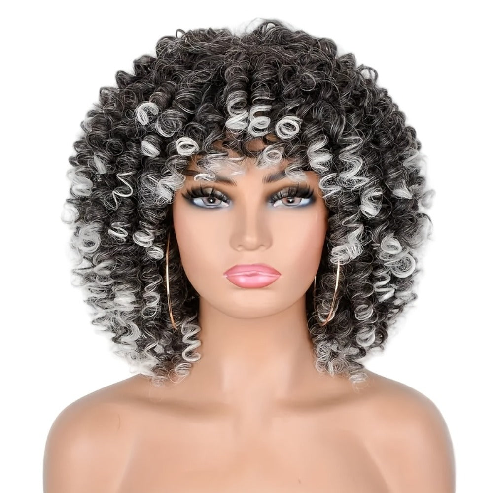 Curly Wig - Afro Kinky for Women - 14" Coily Synthetic with Bangs | Heat Resistant - product detail view 5