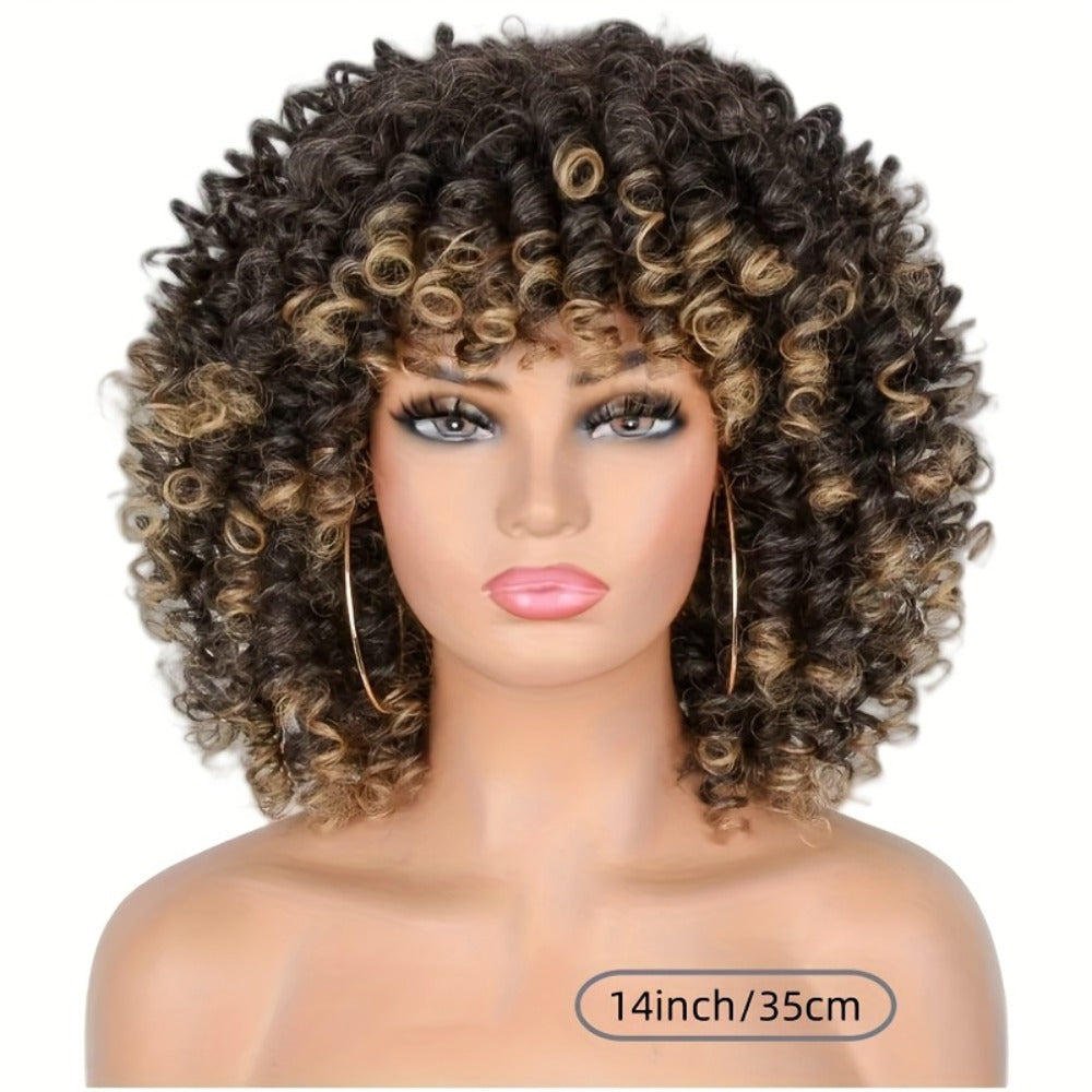 Curly Wig - Afro Kinky for Women - 14" Coily Synthetic with Bangs | Heat Resistant - product detail view 6