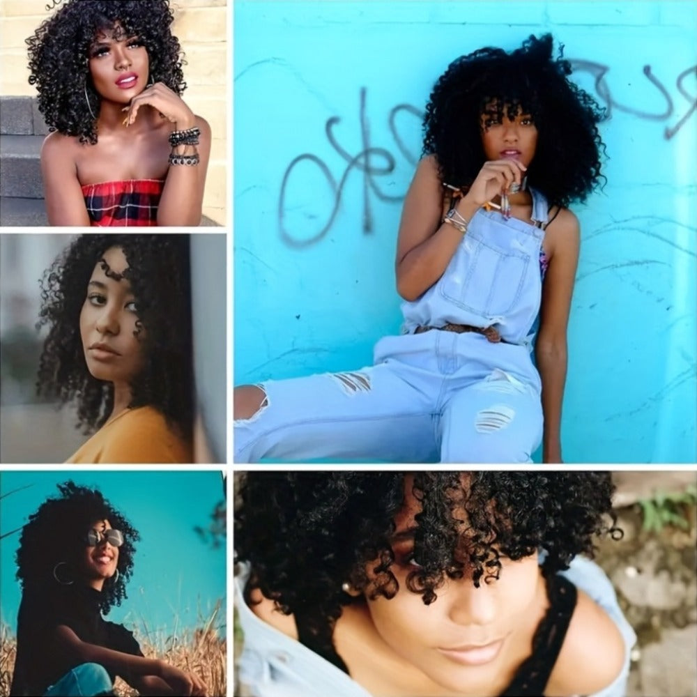 Curly Wig - Afro Kinky for Women - 14" Coily Synthetic with Bangs | Heat Resistant - product detail view 9