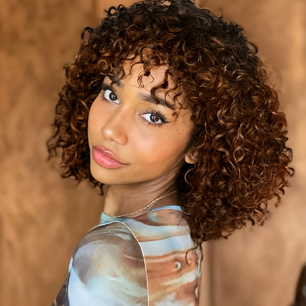 Curly Wig - Afro for Women - Voluminous 12 Inch Soft Synthetic Hair, Black to Brown - main product view