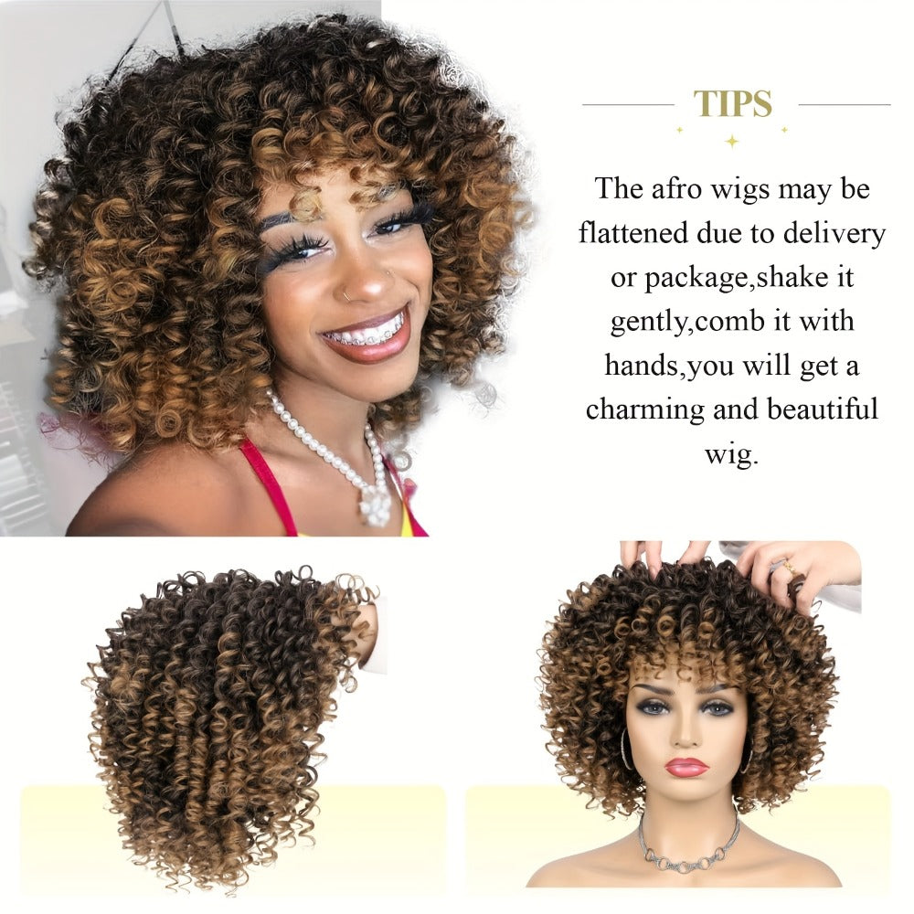 Curly Wig - Afro for Women - Voluminous 12 Inch Soft Synthetic Hair, Black to Brown - product detail view 2