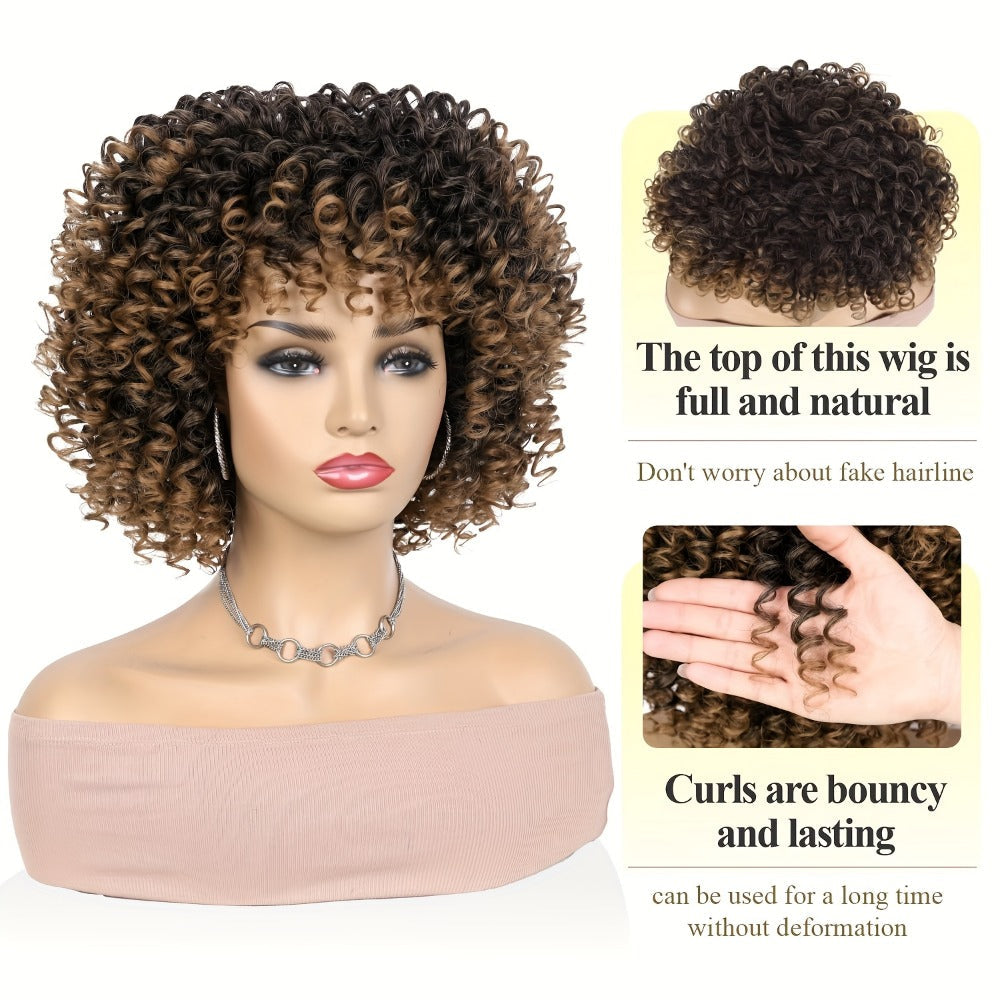 Curly Wig - Afro for Women - Voluminous 12 Inch Soft Synthetic Hair, Black to Brown - product detail view 4