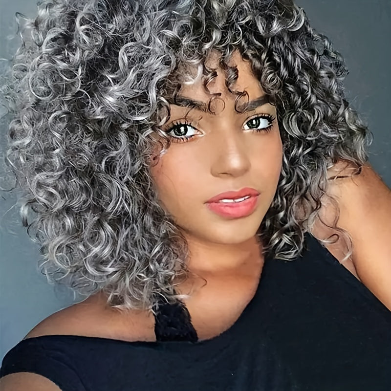 Curly Wig - Afro for Women - Voluminous 12 Inch Soft Synthetic Hair, Black to Brown - product detail view 18