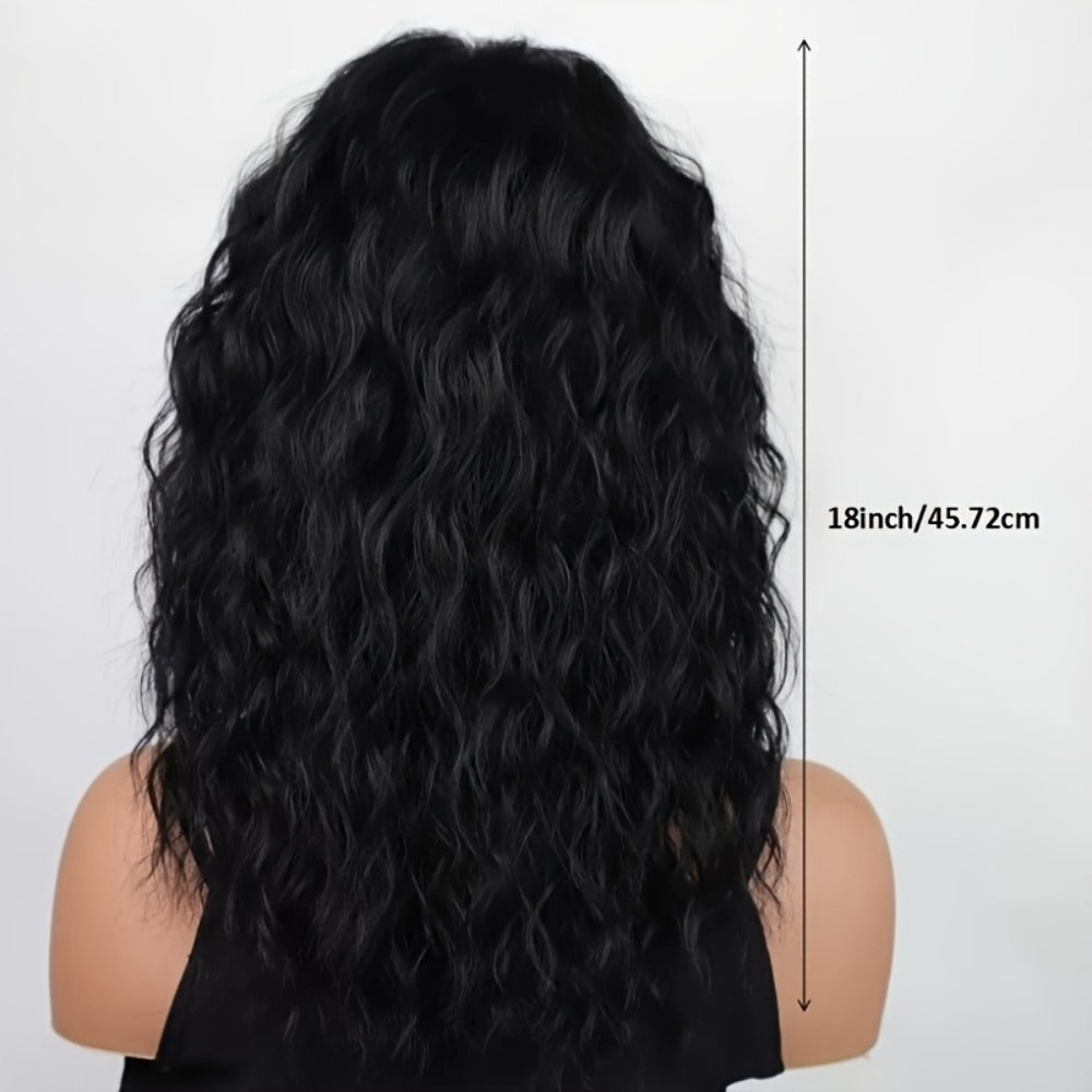 Curly Wig - with Bangs for Women - 18 Inch Black 150% Density Water Wave Synthetic - product detail view 4