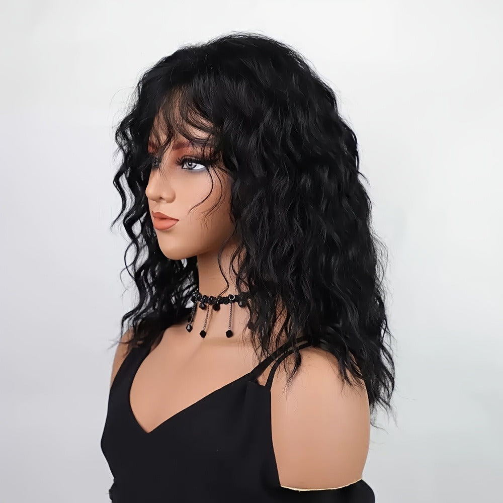 Curly Wig - with Bangs for Women - 18 Inch Black 150% Density Water Wave Synthetic - product detail view 6