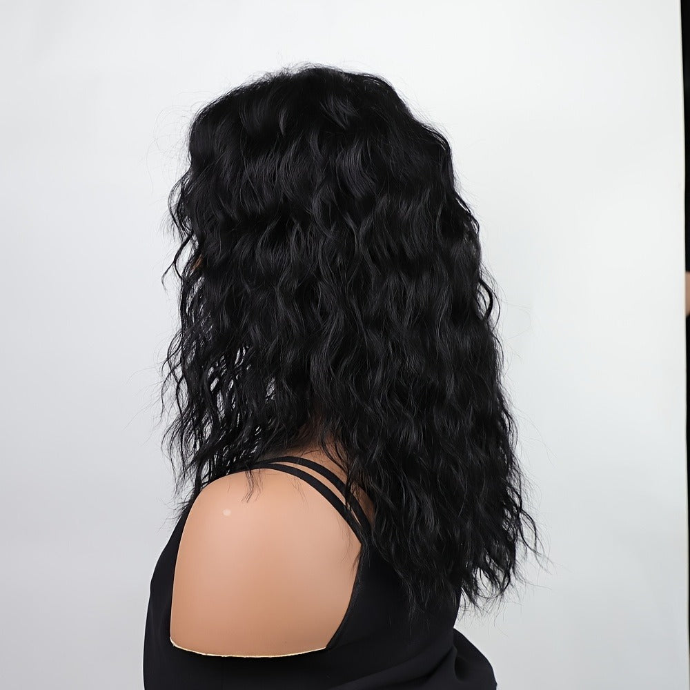 Curly Wig - with Bangs for Women - 18 Inch Black 150% Density Water Wave Synthetic - product detail view 7