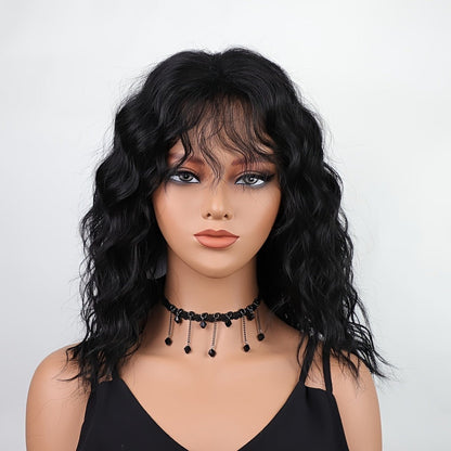 Curly Wig - with Bangs for Women - 18 Inch Black 150% Density Water Wave Synthetic - product detail view 8