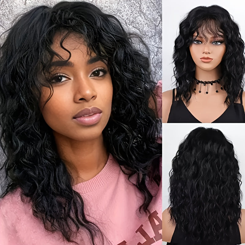 Curly Wig - with Bangs for Women - 18 Inch Black 150% Density Water Wave Synthetic - product detail view 10