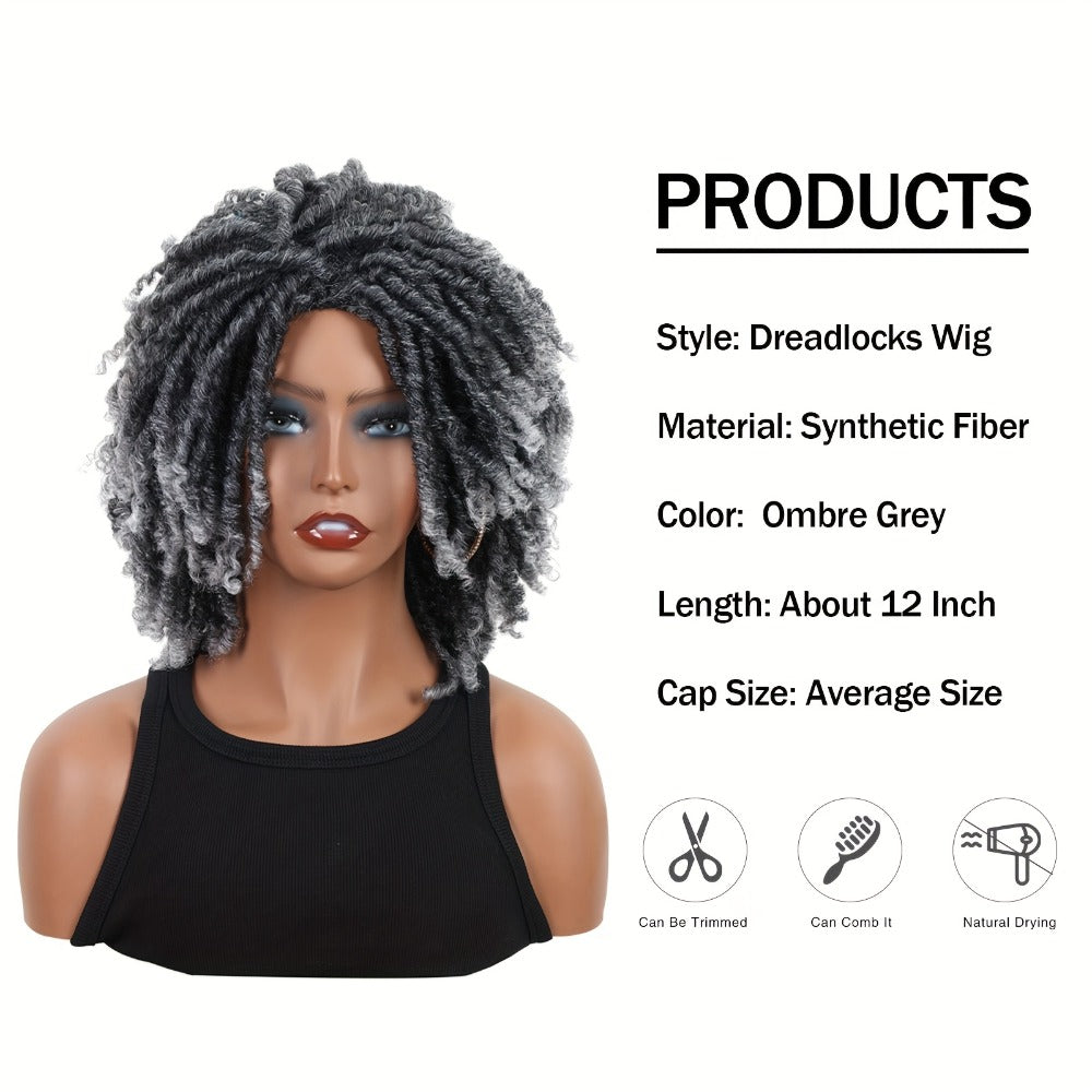 Curly Wig - Dreadlock Short 12 Inch Gray - Afro Braided Synthetic for Women, Cosplay & - product detail view 5