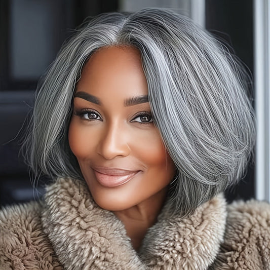 Curly Wig - Grey Layered Bob with Curtain Bangs for Women - 12 Inch Short Wavy - main product view