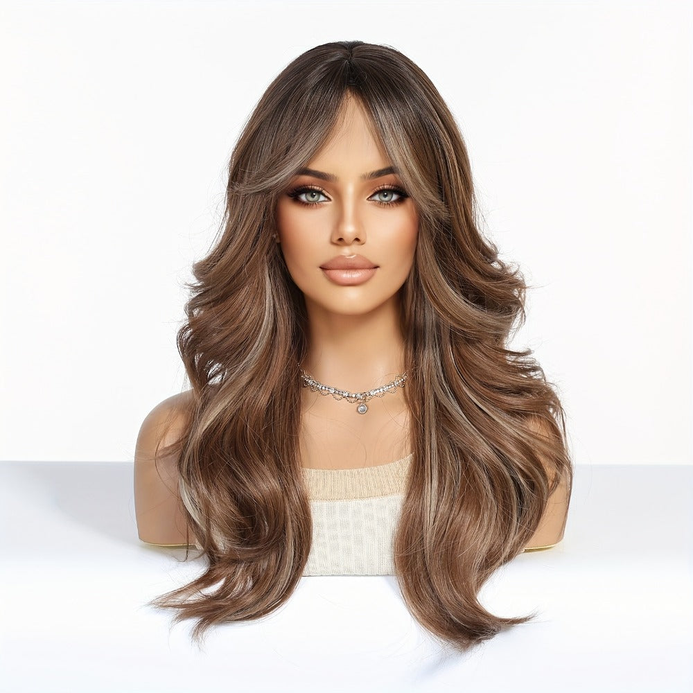 Curly Wig - Long with Butterfly Bangs for Women - 24 Inch Layered Brown Synthetic - product detail view 2