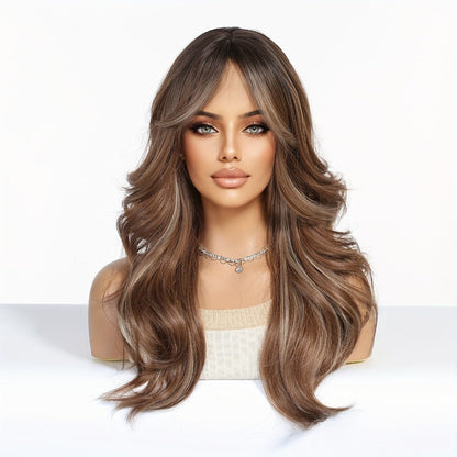 Curly Wig - Long with Butterfly Bangs for Women - 24 Inch Layered Brown Synthetic - product detail view 2