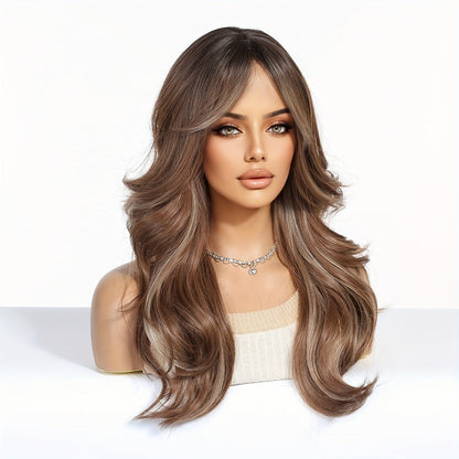 Curly Wig - Long with Butterfly Bangs for Women - 24 Inch Layered Brown Synthetic - product detail view 3