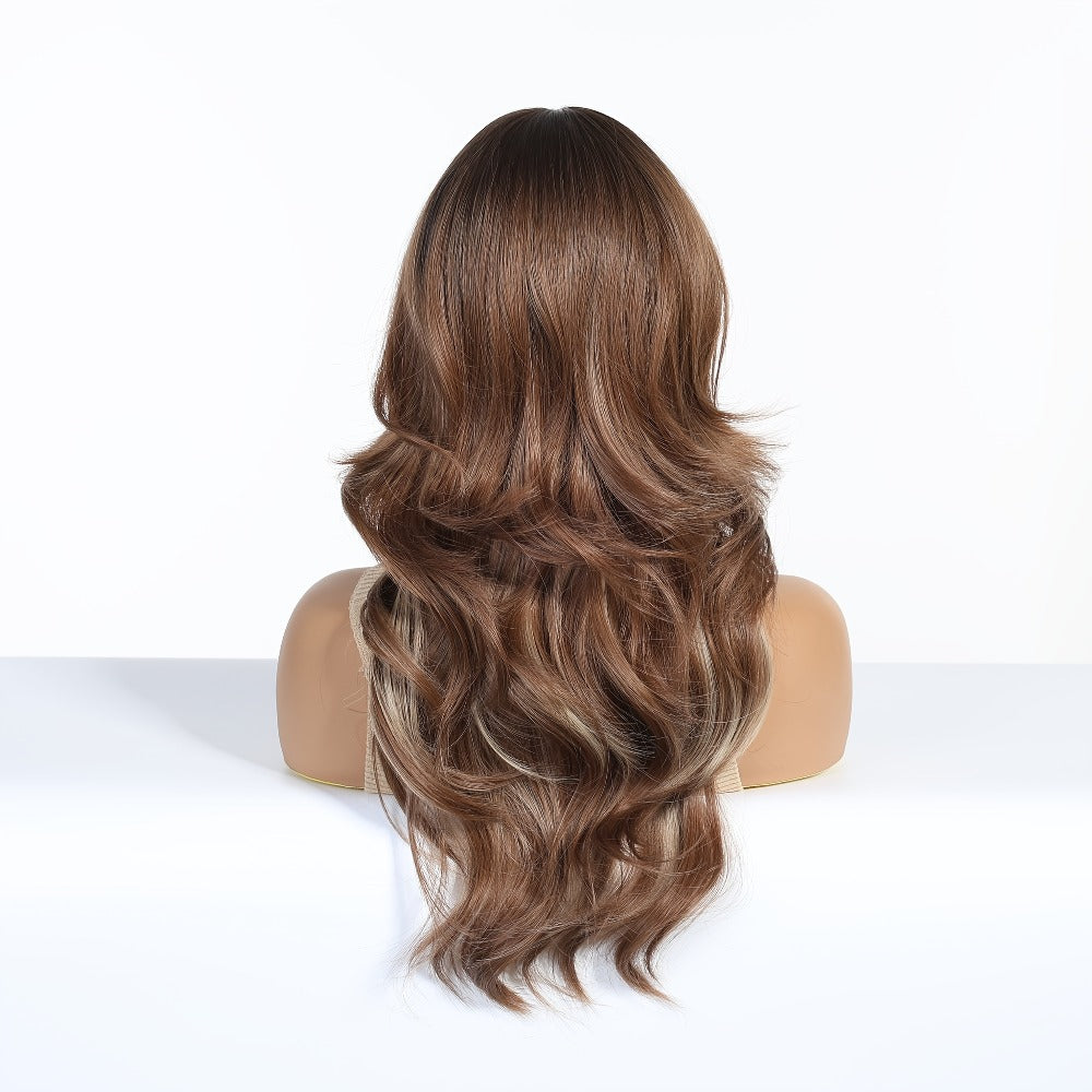 Curly Wig - Long with Butterfly Bangs for Women - 24 Inch Layered Brown Synthetic - product detail view 4