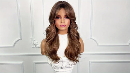 Curly Wig - Long with Butterfly Bangs for Women - 24 Inch Layered Brown Synthetic - product detail view 9