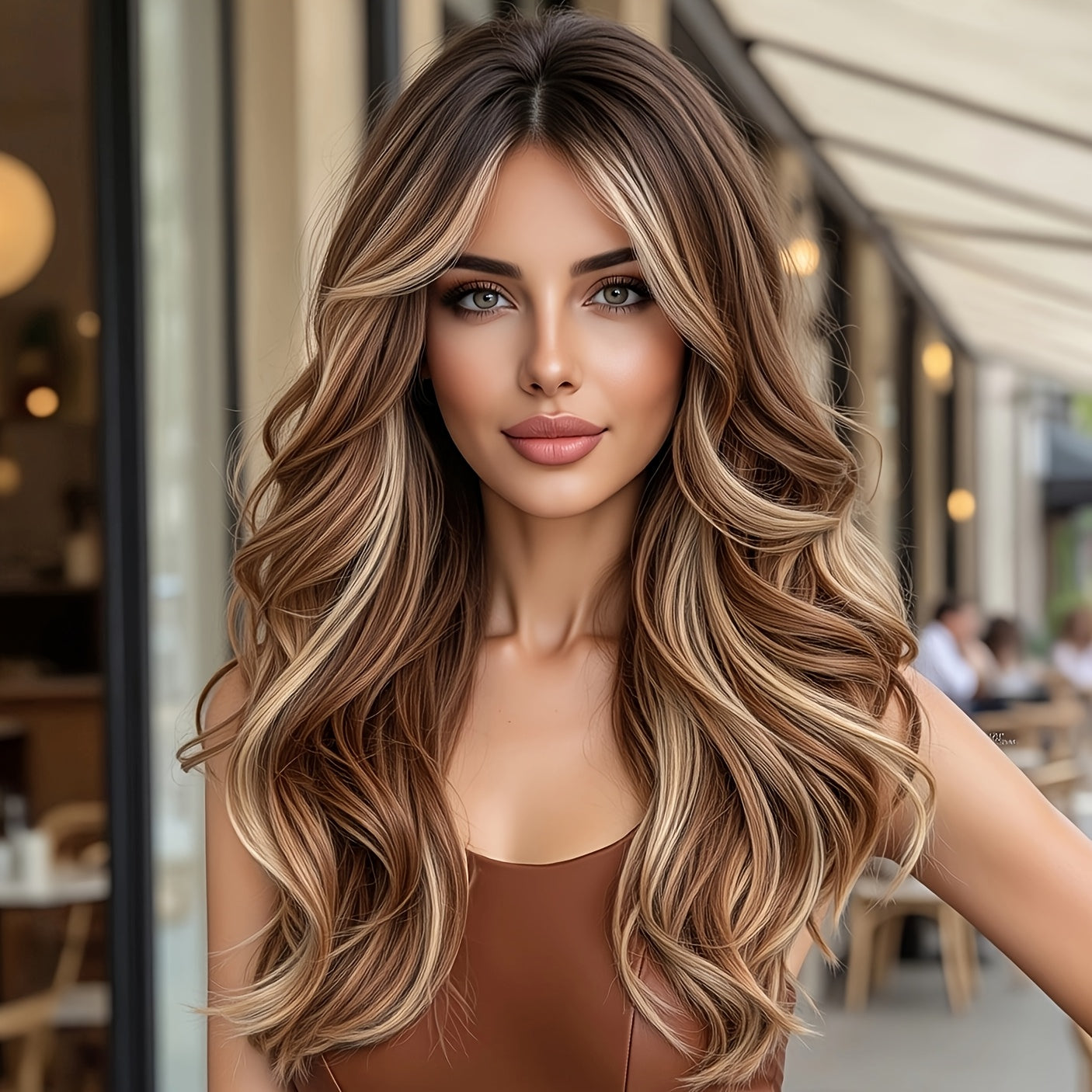 Curly Wig - Long with Butterfly Bangs for Women - 24 Inch Layered Brown Synthetic - product detail view 10