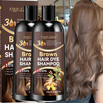 Brown Hair Dye Shampoo 2-Pack 3.38oz — Polygonum Multiflorum & Ginger Extract Covers Gray Hair, Deep Moisture Anti-Frizz Long-Lasting Natural Color, Plant-Based Unisex Hair Gift