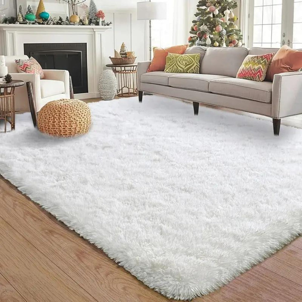 Area Rug White Fluffy High-Pile Shag in Three Washable Sizes for Living Room, Bedroom or Dorm
