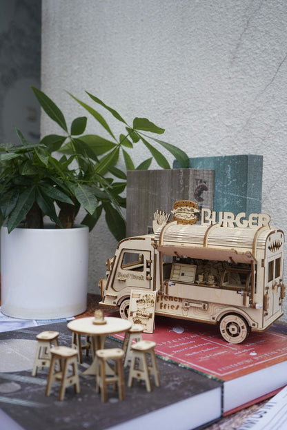 Wooden Food Truck 3D Puzzle Model Kit with Burger Stand Body, Miniature Tables and Pictured 21.5 cm Length