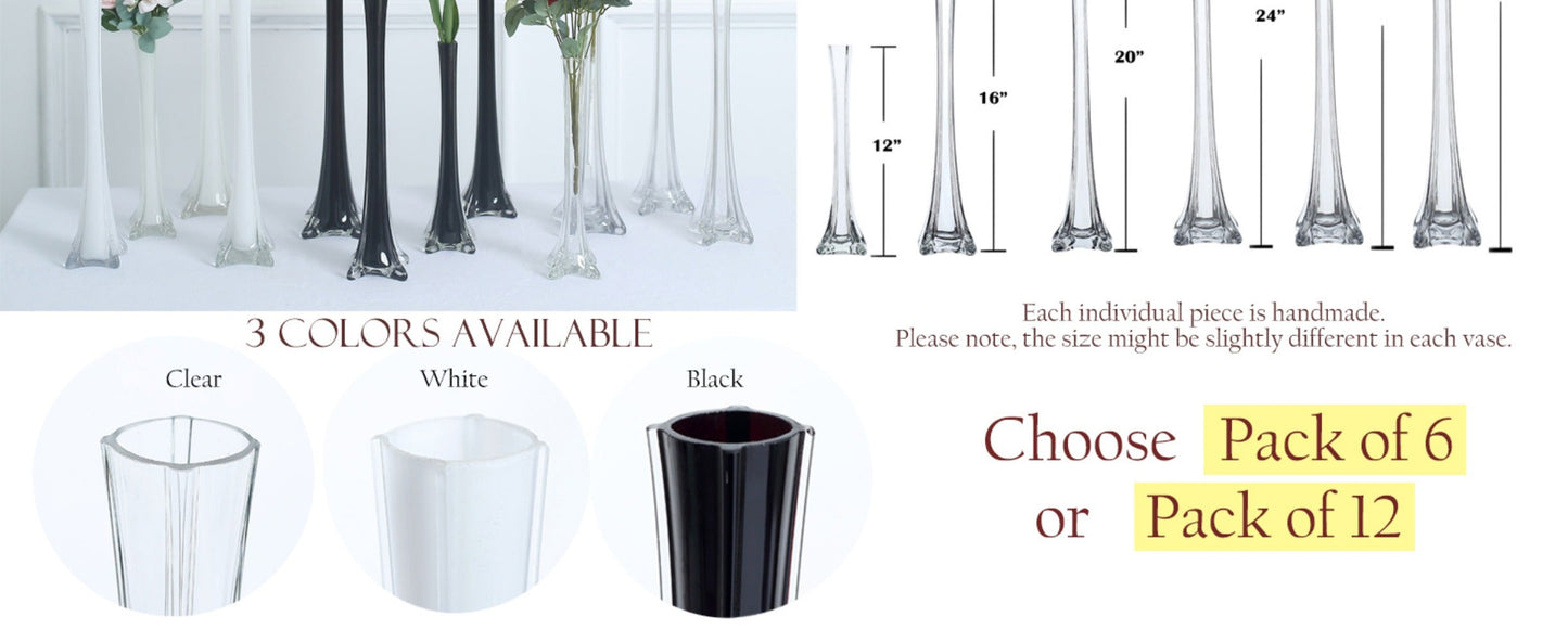 Eiffel Tower Vase Pack of 12 – Tall Glass Flower Vases for Wedding Centerpiece, Event Table Decor, Floral Arrangements & Party Decoration, Clear Black White, 12" 16" 20" 24" Sizes