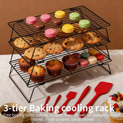 Foldable Cooling Rack Set – Stackable Oven Cookie Cake Drying Rack with Free Baking Tools (Silicone Spatula, Egg Beater, Tongs, Brush) | 3/4/5 Tier Options for Kitchen, Camping & Holiday Baking