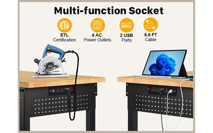 Adjustable 28–40-Inch Wood-Top Workbench in 60- or 96-Inch Widths with Pegboard, Wheels and Power Strip