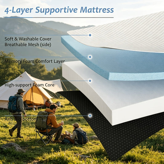 Mattress Tri-Fold Memory-Foam Portable Pad with Washable Cover, 3-, 4- or 6-Inch Profiles and Four Sizes
