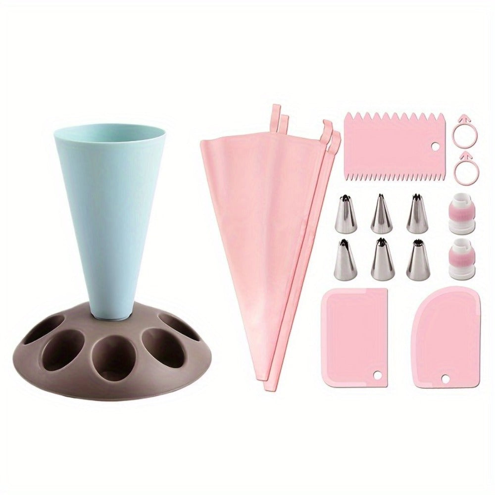 17-Piece Piping Bag Holder and Icing Nozzle Set for Cakes, Cupcakes, Cookies and Home Baking