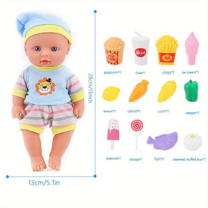 11-Inch Baby Doll and Folding Stroller Playset with 12 Food Accessories in Pink or Purple Color Options