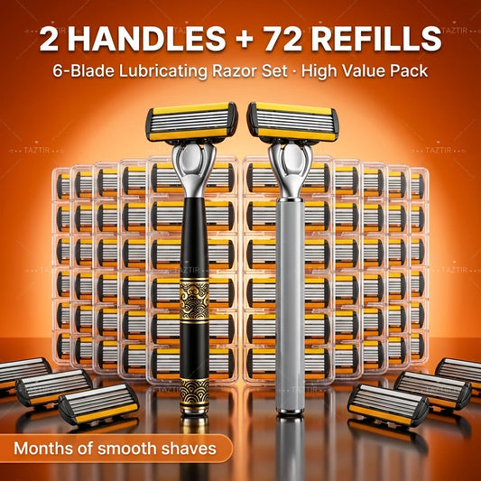 Luxury Men's Razor Set 6-Layer Blades — 2 Ergonomic Anti-Slip Handles & 72 Replaceable Blades, Precision Manual Shaving Kit, Christmas & Valentine's Day Gift for Men