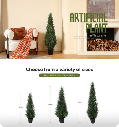 Artificial Cedar Topiary Tree with 3, 4 or 5 ft Height Options, Black Pot and Single or Two-Tree Sets