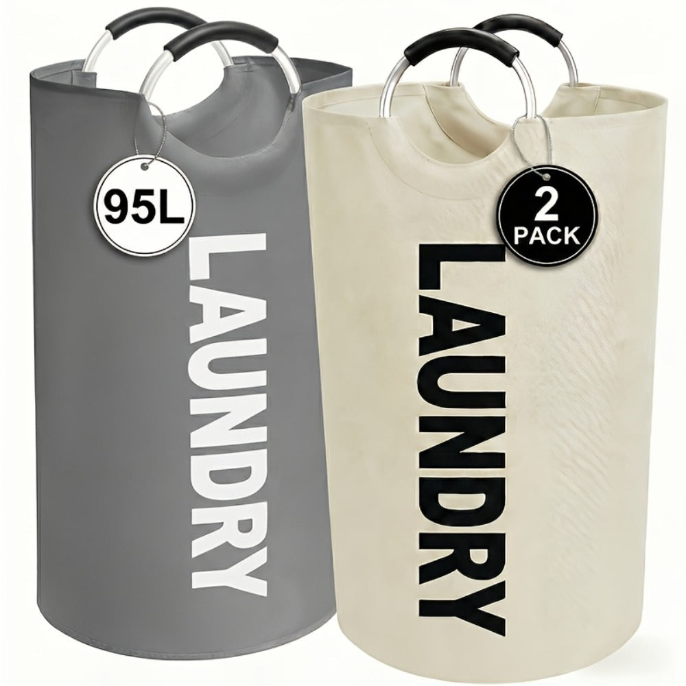 Two-Piece 95L Foldable Laundry Hamper Set with Ring Handles in 12 Solid or Mixed Color Options