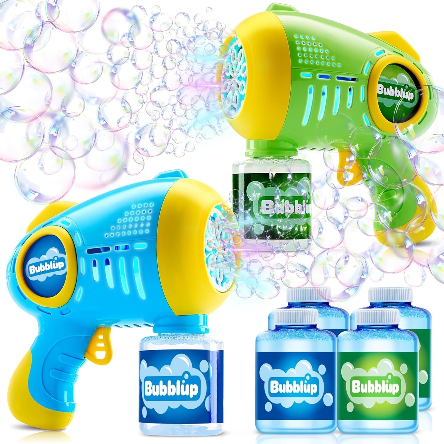 LED Light Up Bubble Gun 2 Pack with 4 Bottles Solution – 10-Hole Automatic Bubble Shooter 10000+ Bubbles Per Minute for Kids Adults, Summer Outdoor Party Easter Birthday Gift Favor