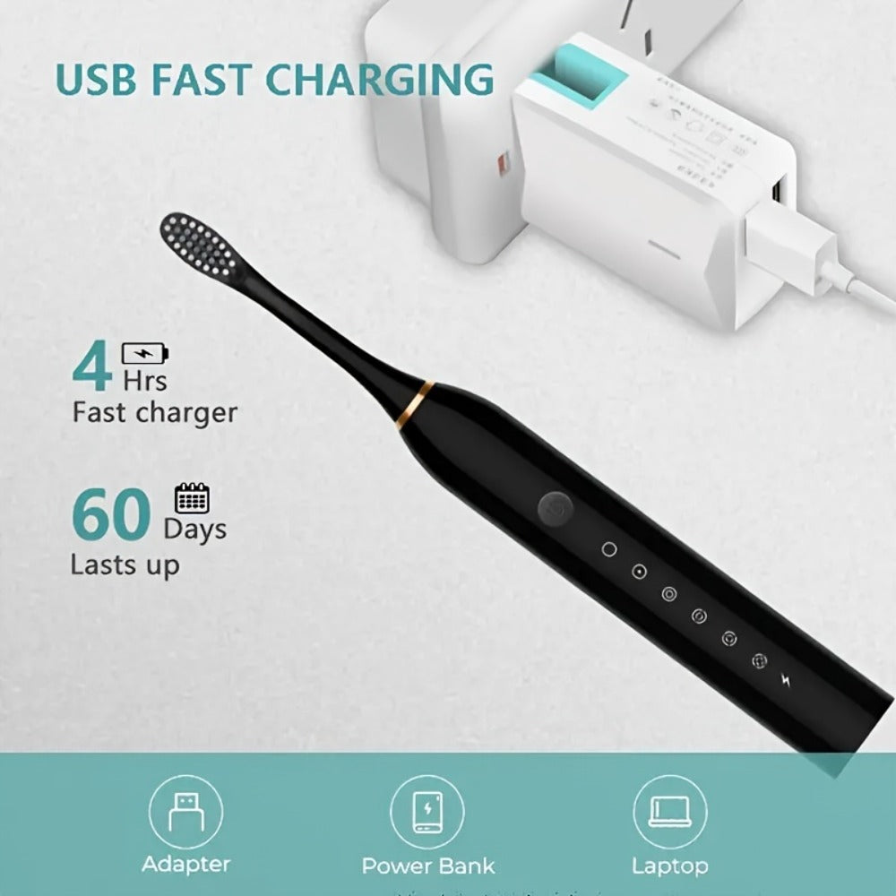 Electric Toothbrush Set with Eight Brush Heads, USB Charging, Soft Bristles and Pink, White or Black Handle