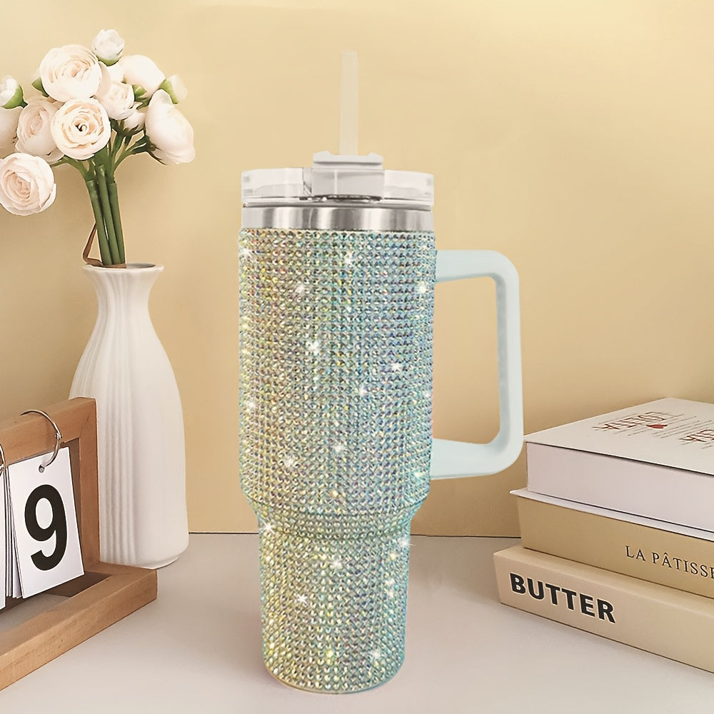 Rhinestone-Covered 40oz Stainless Steel Tumbler with Handle, Straw Lid and Textured Silver Finish