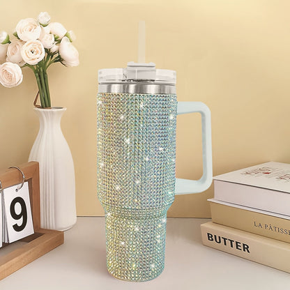 Rhinestone-Covered 40oz Stainless Steel Tumbler with Handle, Straw Lid and Textured Silver Finish