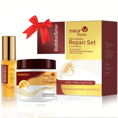 Argan Oil Collagen Hair Mask Set 500ml — Keratin Deep Conditioning Treatment, Repairs Damaged Dry Hair, Restores Shine & Strength, Maca Essence + Essential Oil, Gift for Women